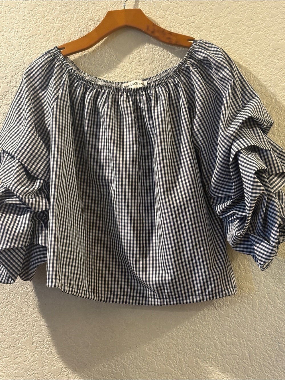 Roommates Navy & White Gingham Off-Shoulder Puff Sleeve Blouse
